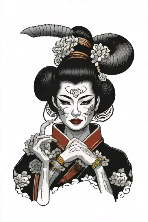 Beautiful Geisha Girl Removing Her Face To Reveal An Oni Mask