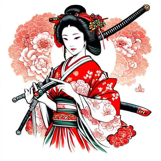 Japanese Geisha Holding A Katana