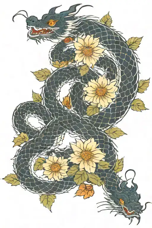 Japan Dragon With Chrysanthemums On Each Side Of The Back