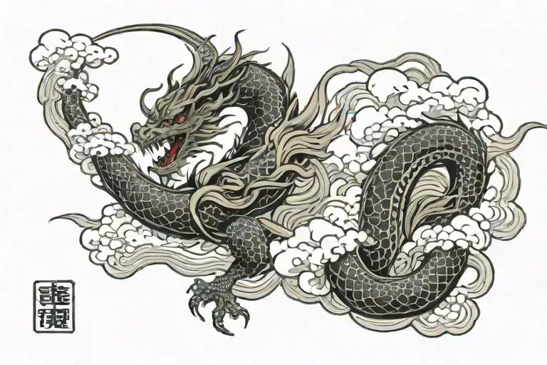Japanese Dragon Surrounded By Clouds Floating Gracefully