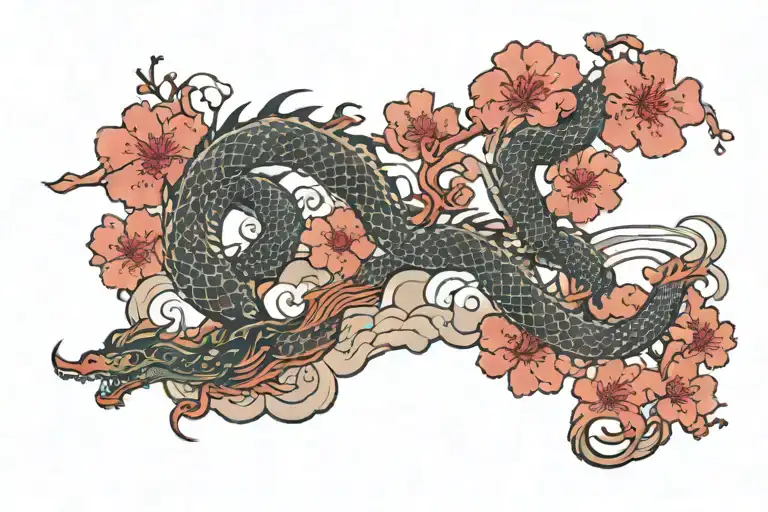 Sakura Dragon Floating On Clouds Floating