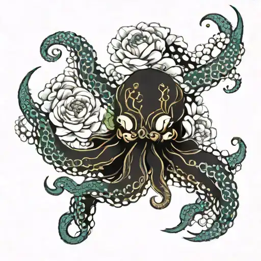 Octopus With Peony Flowers And Swords