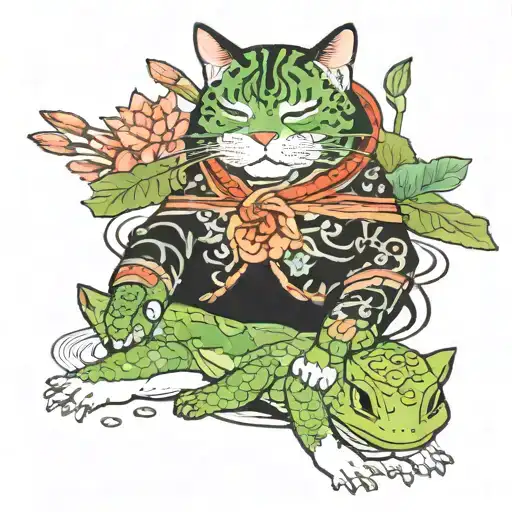 Cat Napping With Frogs On Lilypad