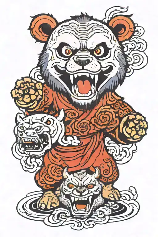 Bear In The Center With Oni Demon Mask Laughing And Crying Surrounded