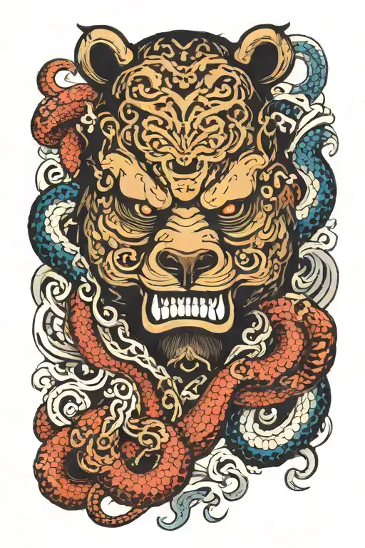 Bear In The Center With Oni Demon Mask Surrounded With Snakes
