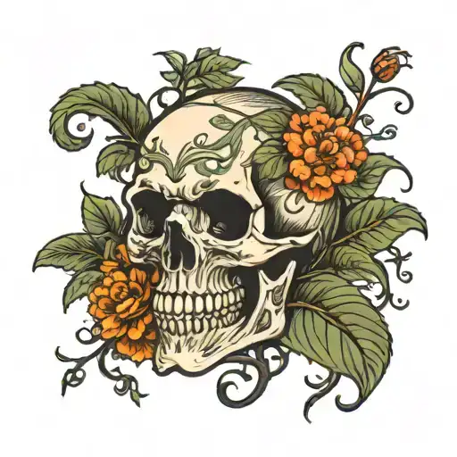 Skull With Vines Coming Out Of It Blooming Fruit