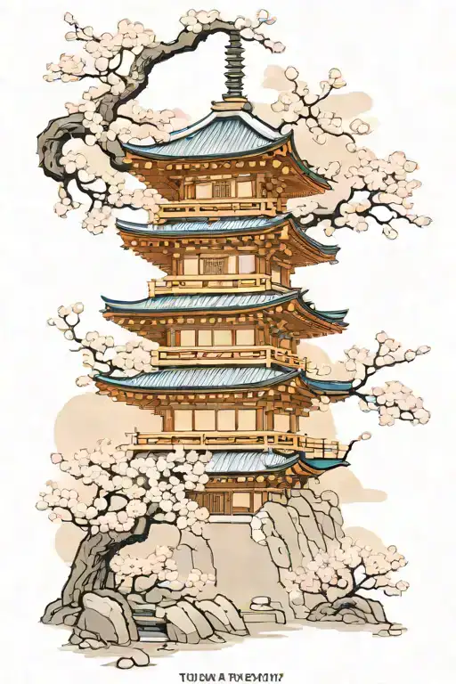 Japanese Super Tall Temple Surrounded By Cherry Blossom Tree