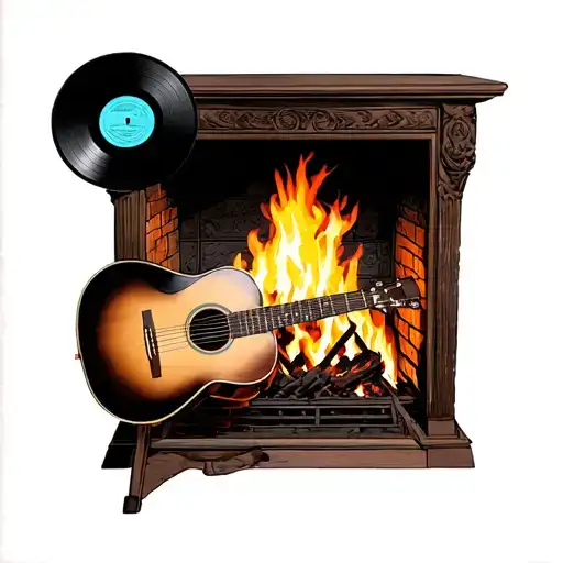 Fireplace With Acoustic Guitar And A Vinyl By Michel Sardou