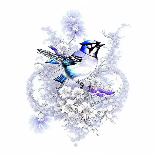 Blue Jay Bird With Violet And Marrigold Flower