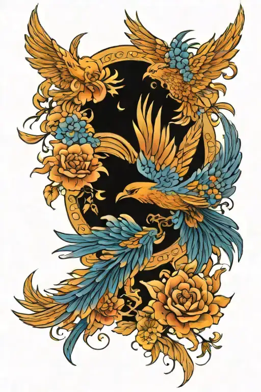 Phoenix With Wings Spread Above And Below With Blue Flowers