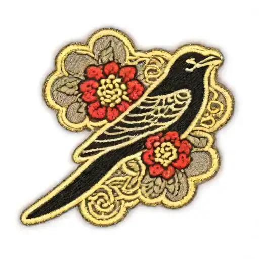 Embroidered Lace Patch With Black Swallow And Flower Motifs