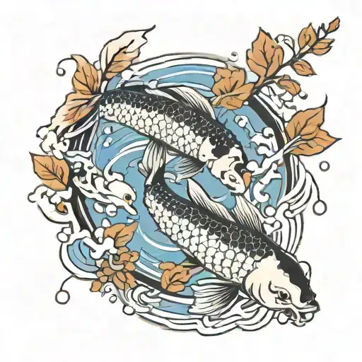 Koi Fish Swimming Upstream Surrounded By Autumn Leaves