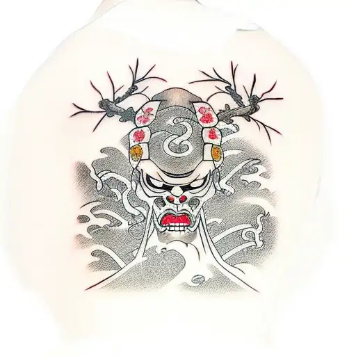 Samurai Tattoo With Cherry Blossom Tree In Background For Ribs