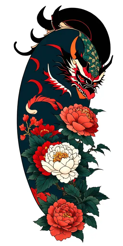 Japanese Style Sleeve Tattoo With Demon Masks And Peonies
