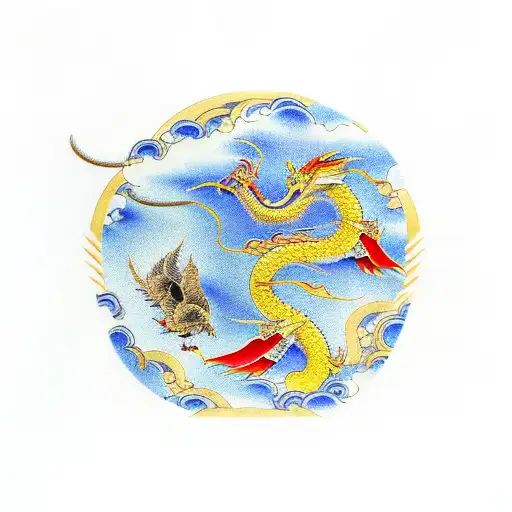 Golden Dragon With Swallows And Turtle