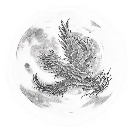 The Phoenix Rising From The Flames Towards The Moon At Night