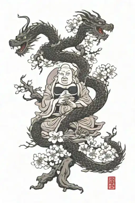 Budhha And Dragon And Cherry Blossom Tree