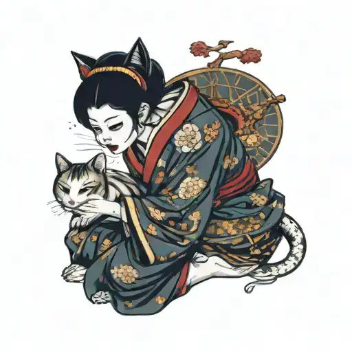 Evil Geisha Holding A Cat Sitting Sad