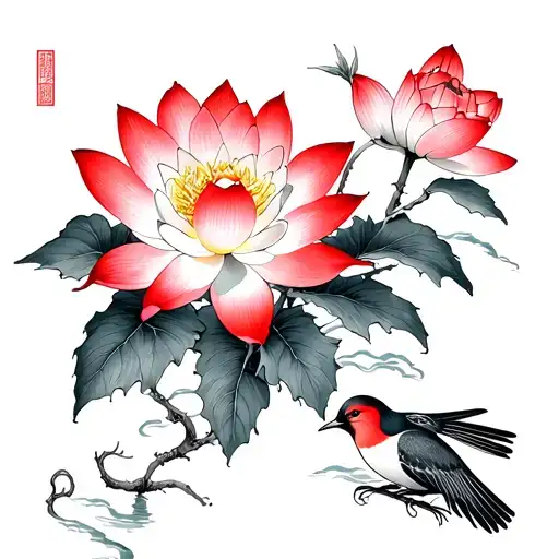 Red Lotus In Bloom With Other Flowers And A Bird