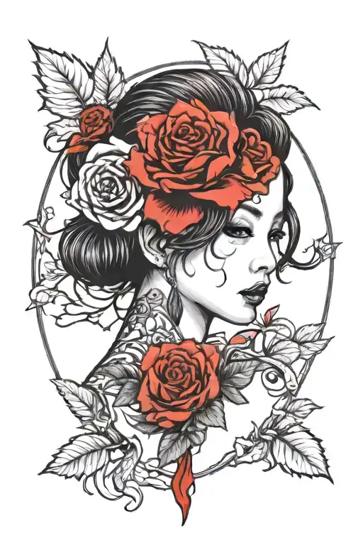 A Tattoo Design Of A Girl With A Kpop Inspired Hairstyle Holding A Bloody Rose