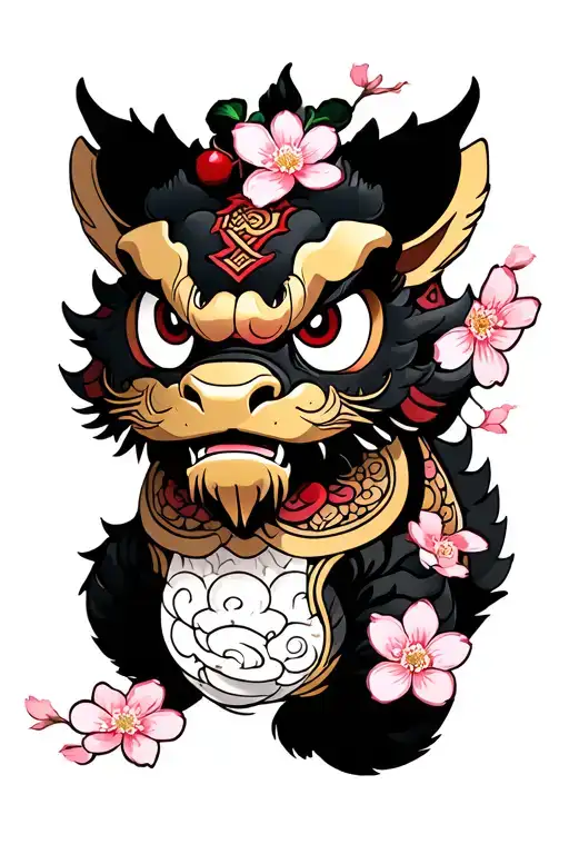 Male Shisa With Cherry Blossoms Surrounding It