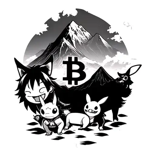 Luffy One Piece With Stitch Pikatchu Sasha And A Mountain With The Bitcoin Logo Behind And A Wolf