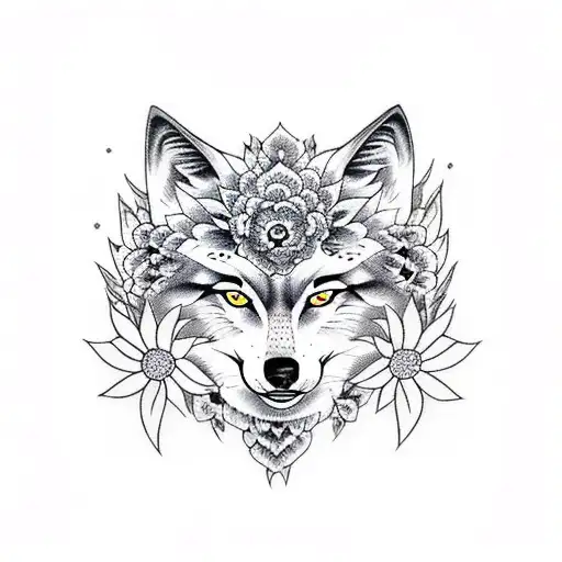 Feminine Wolf With Flowers