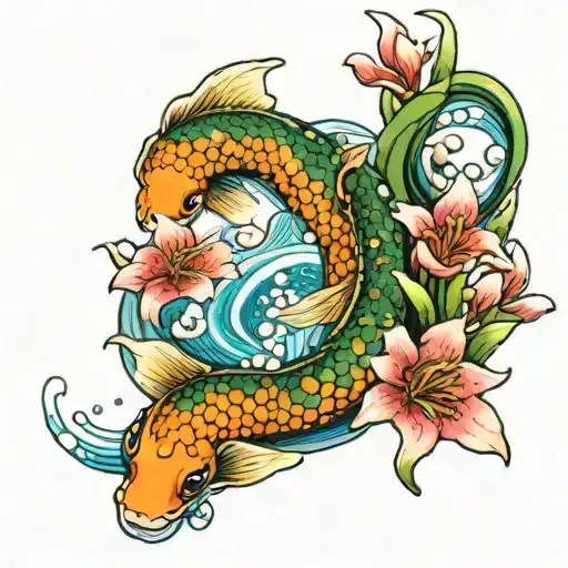 Tattoo Of Lilly Of The Valley Flowers In Water With A Koi Fish That Has Emerald Scales