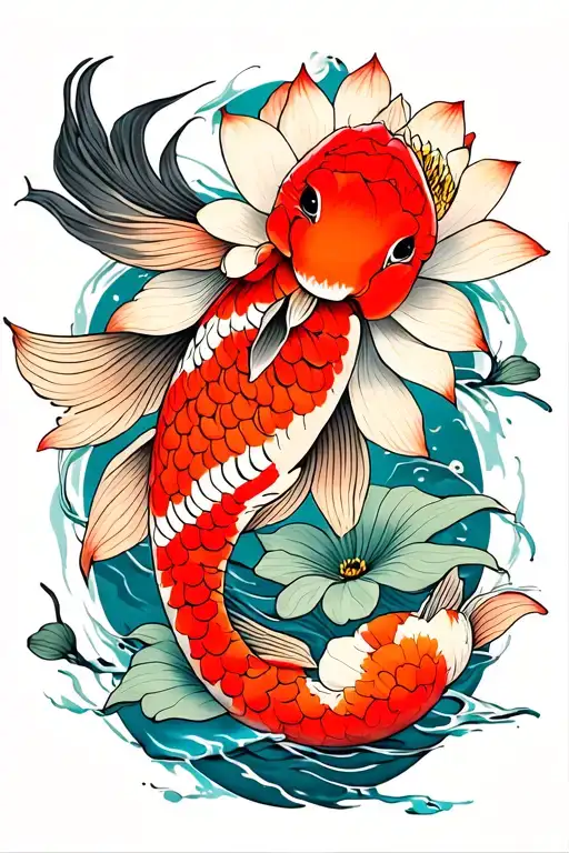 Delicate Koi And Lotus Flower