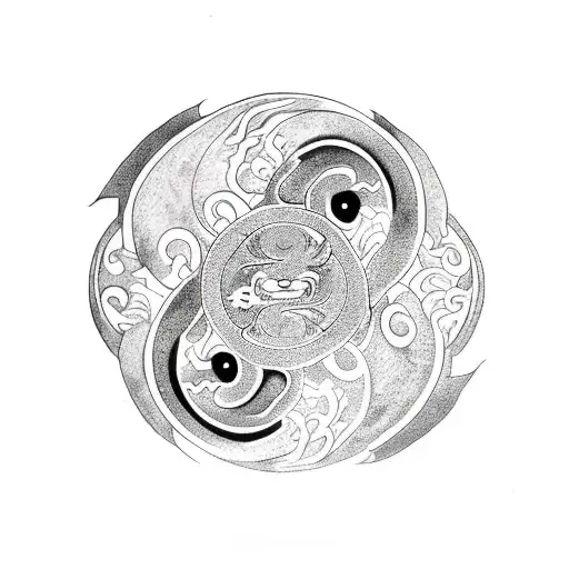 Yin Yang Symbol With A Demon And A Dragon On Either Side