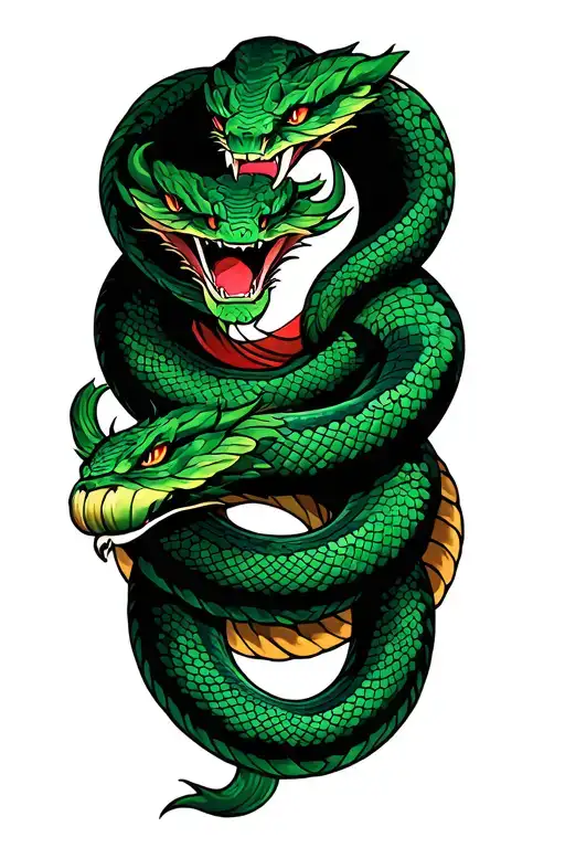 Green Snake Around Oni Weapon Tattoo Design