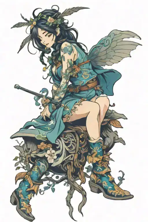 Fairy In Cowgirl Boots With Nature Hair