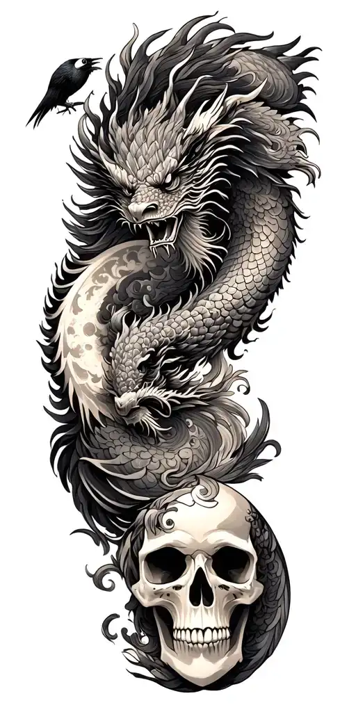 Chinese Dragon And Phoenix And Skull And Moon And Raven