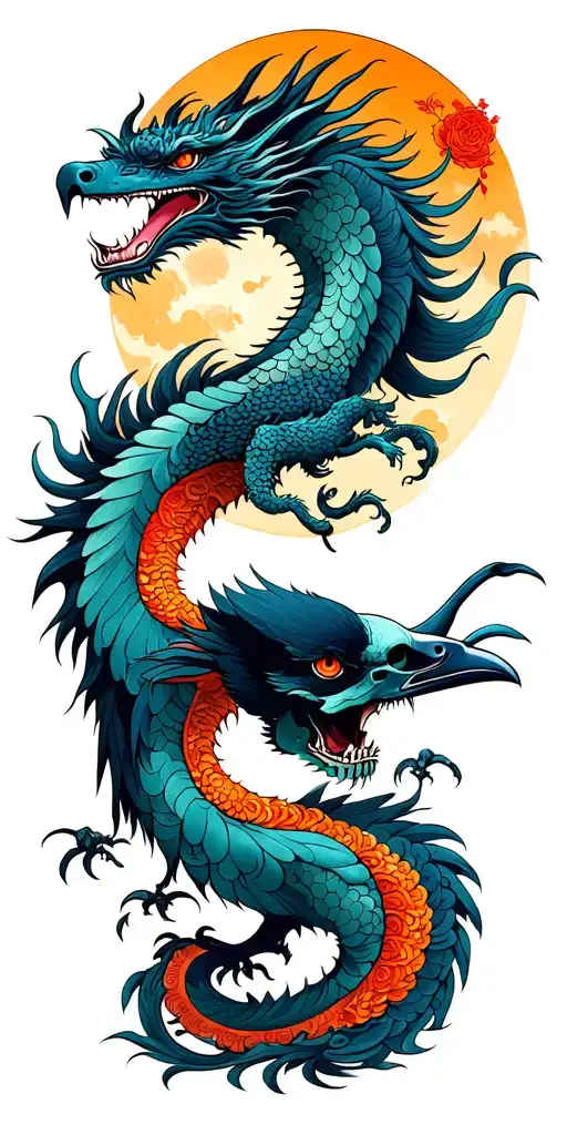 Chinese Dragon And Phoenix And Skull And Moon And Raven