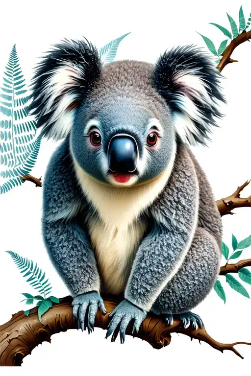 Koala On A Tree With Silver Fern Leaf