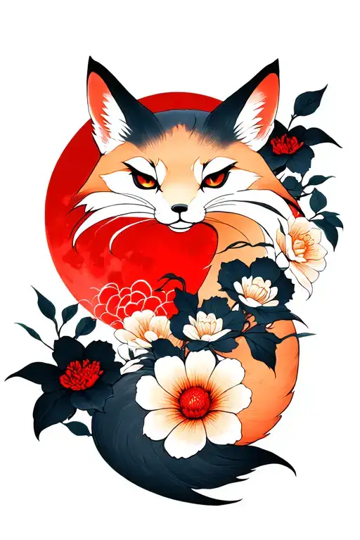 Kitsune With Flowers Against The Background Of The Red Moon