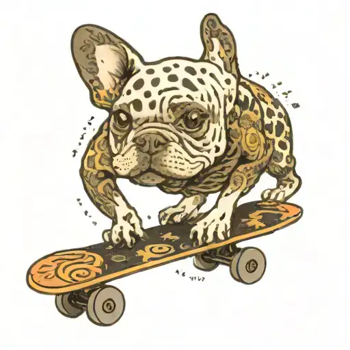 A Frenchbull Dog With 2 Black Spots Riding A Skatboard