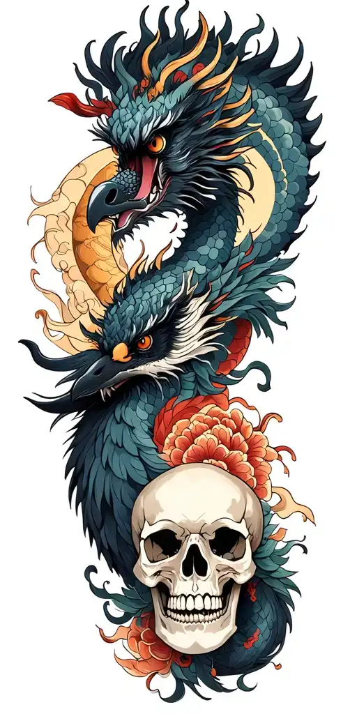 Chinese Dragon And Phoenix And Skull And Moon And Raven