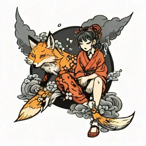 Anime Girl With Fox Around Flowers And Clouds Black And Red