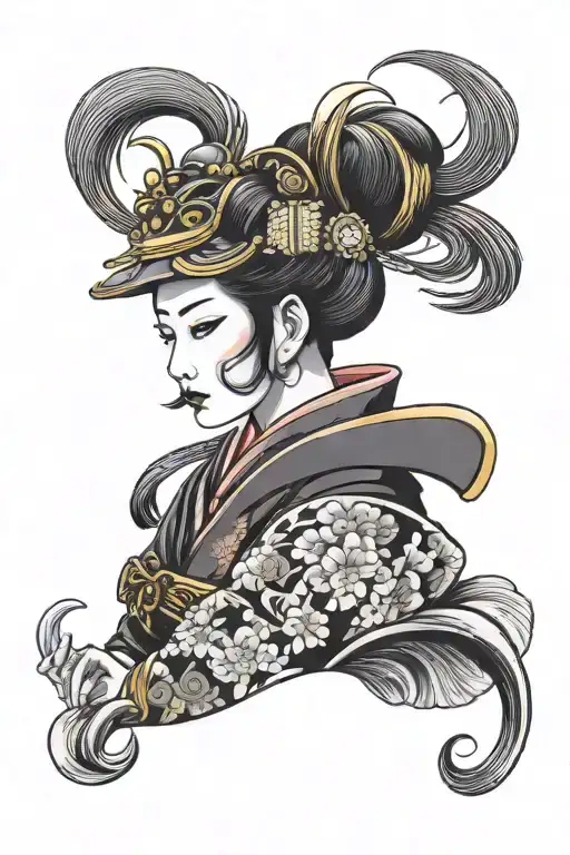 Geisha Wearing A Samurai Helmet
