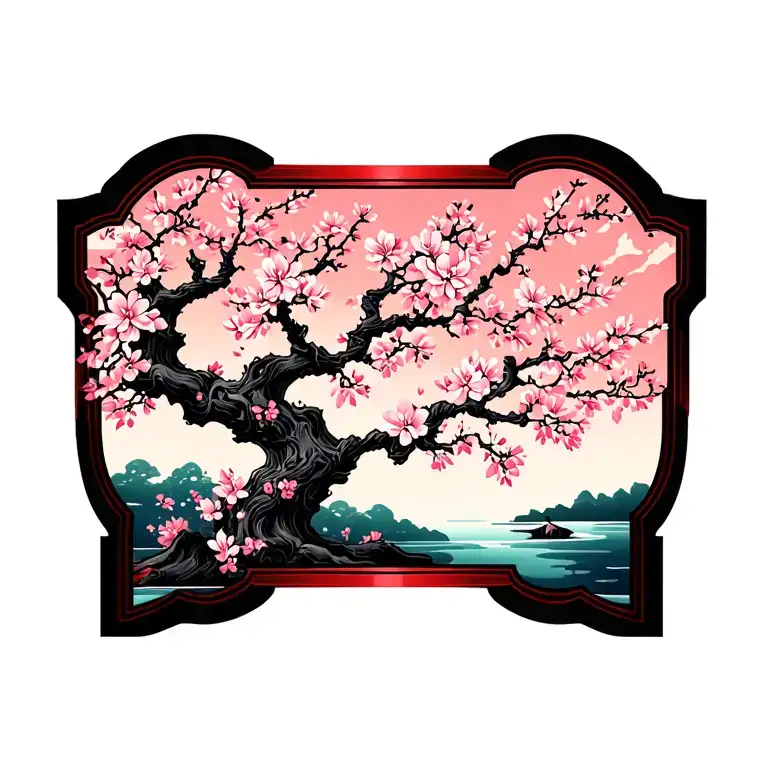 Cherry Blossom Tree On Left Side Only