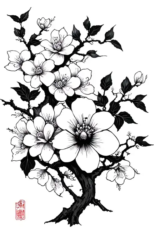 Black Flower Tattoo With Sakura Tree