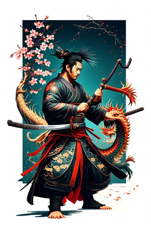 Samurai Warrior Wielding A Katana With Cherry Blossoms And A Dragon Going Around It