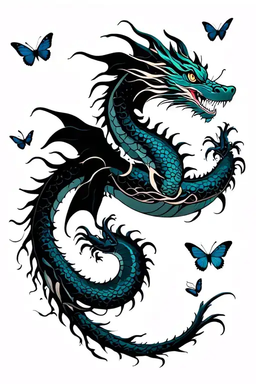 Dragon Flying To Moon Surrounded By Butterflies Flying