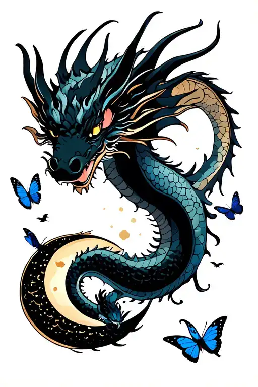 Dragon Flying To Moon Surrounded By Butterflies Flying