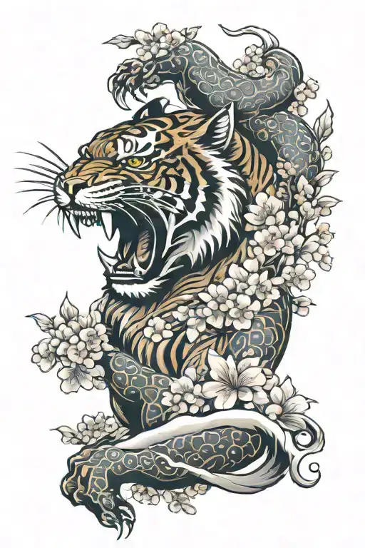 Yakuza Sholder Tattoo With Tiger And Cherry Blossoms