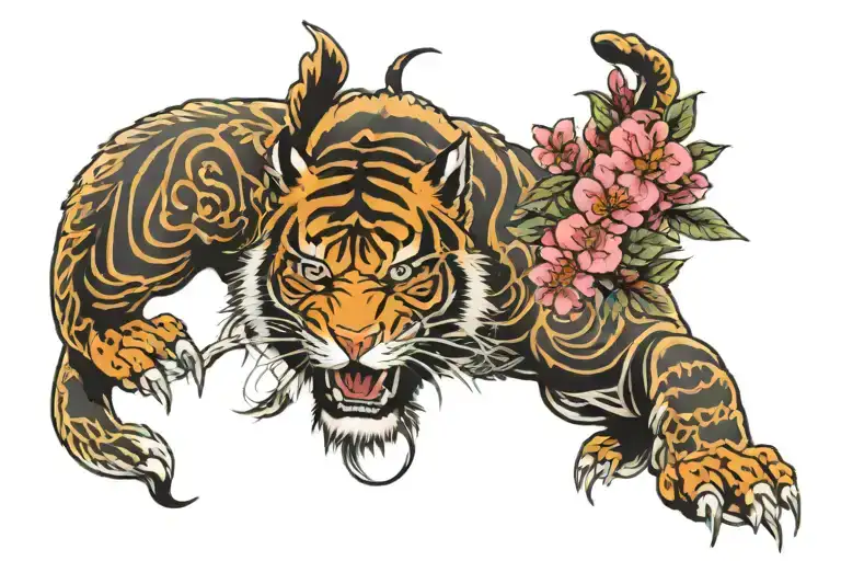 Yakuza Sholder Tattoo With Tiger And Cherry Blossoms