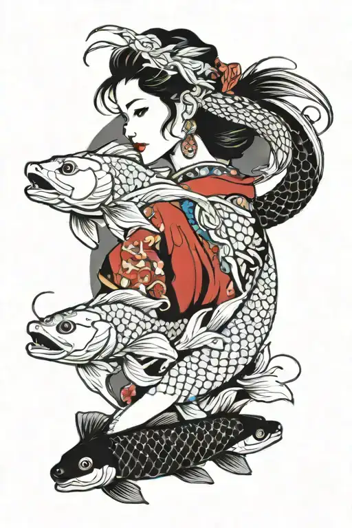 Koi Fish And Dragon Around Japanese Women Face