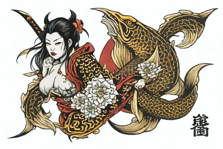 Katana With Koi Ying Yang Fish And A Woman Oni Face In The Katana