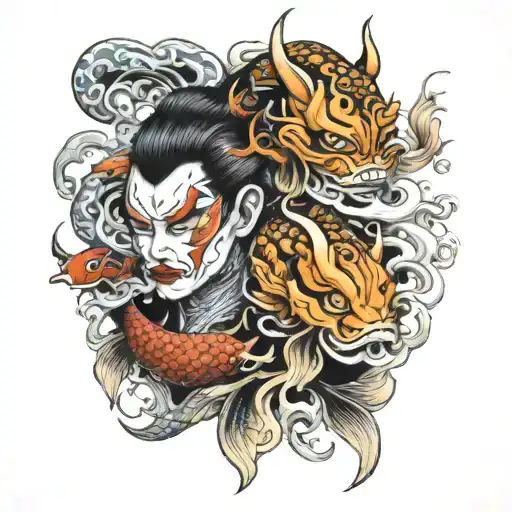 Duo Oni Mask Woman Man And Yin Yang Koi Fish